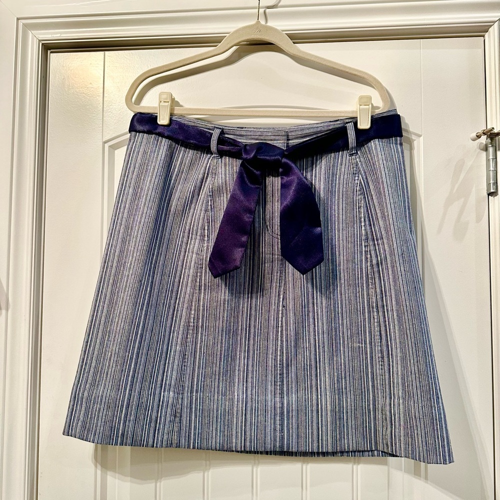 Christopher & Banks Blue Striped A-Line Skirt with Navy  Satin Belt